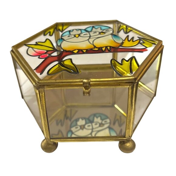 Vtg Brass and Glass Painted Owls on Branch Hexagon Curio Box Mirrored Bottom - Picture 2 of 7